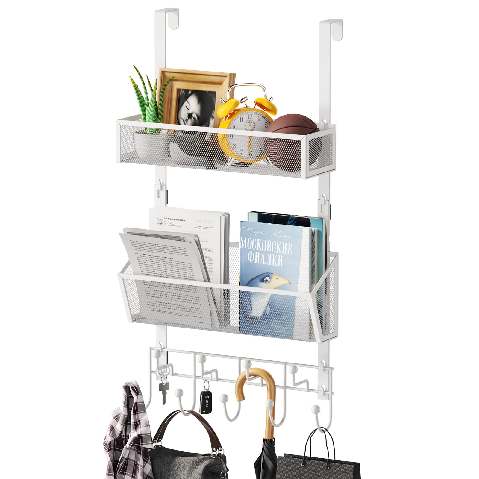 HapiRm Over The Door Hook - Over Door Hanger with 2 Mesh Baskets and 9 Hooks, Rust Proof Over The Door Hanger No Drilling, Over Door Hooks with Basket for Bathroom, Kitchen, 4 Protective Pads