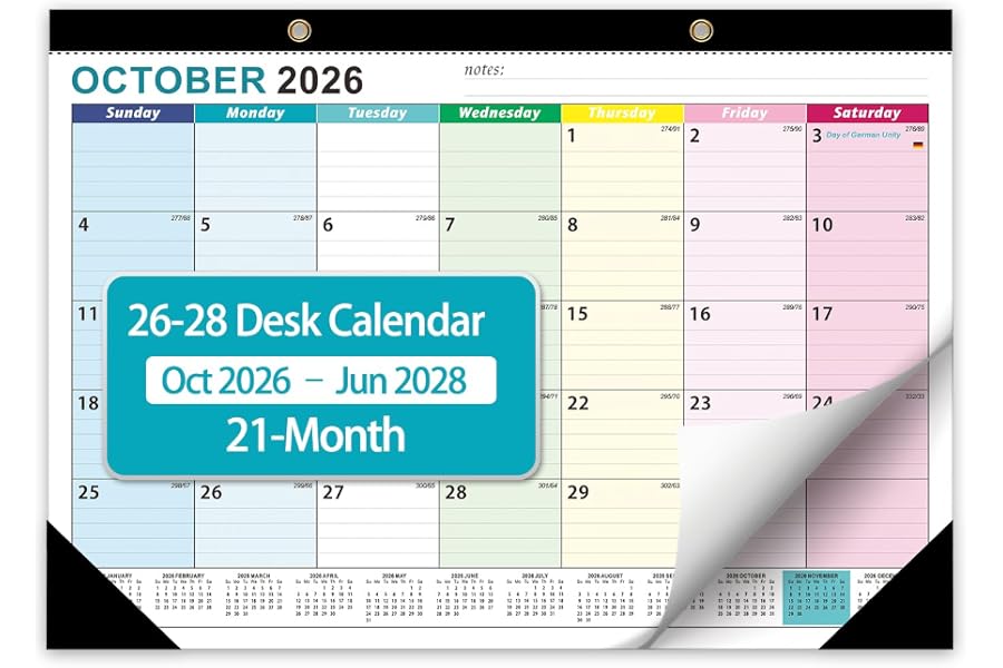 Desk Calendar 2027-2028, Desktop Calendar 21 Month, Oct 2026-Jun 2028 | Colorful Layout 17x12inch, 2-in-1 Desk & Wall Use Frosted PVC Cover 120 GSM Thick Paper Planner Stickers Included