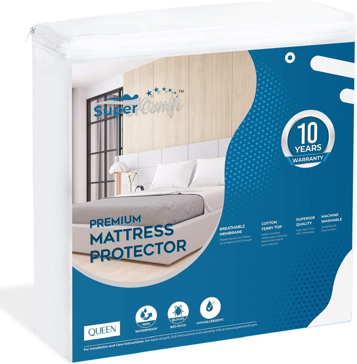 Supercomfi Queen Size Mattress Protector Cover Waterproof Cotton Terry Bed Topper Hypoallergenic Mattress Cover Noiseless-Slip Resistant: Home & Kitchen
