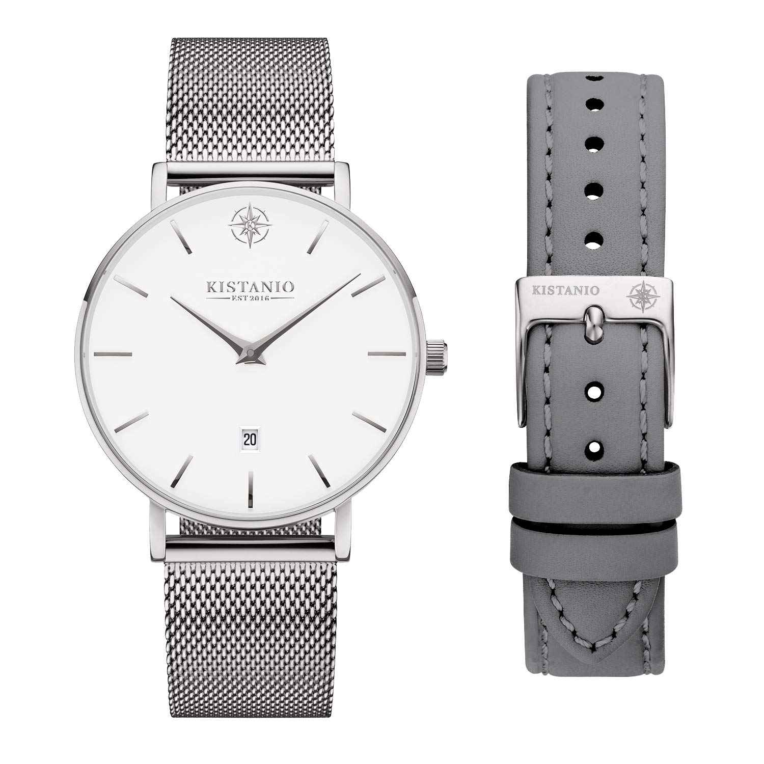 Kistanio Moyen SI-WH-M-L-GR Women's Watch with Sapphire Glass and Milanese Strap + Extra Leather Strap