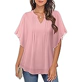 VALOLIA Womens Blouses Dressy Casual V Neck Chiffon Ruffle Short Sleeve Shirts Double Layers Tops