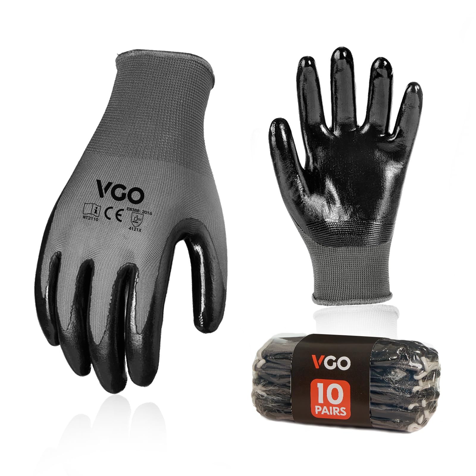 Vgo 10Pairs Work Gloves Nitrile Coated, Gardening Gloves Non-Slip Utility for Garden Assembly Logistic, Latex Free(Black,XL,NT2110)