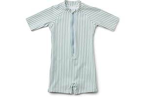 glcsisi Girls One Piece Swimsuit Zipper Long Sleeve Rash Guard Green Striped Sunsuit Seersucker Bathing Suit with Ruffle Butt