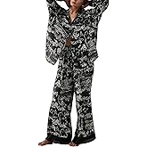 AINAC Women Satin Pajamas Set 2 Piece Western Cowgirl Silk Pjs Long Sleeve Floral Pjs Wide Leg Pants Button Down Loungewear