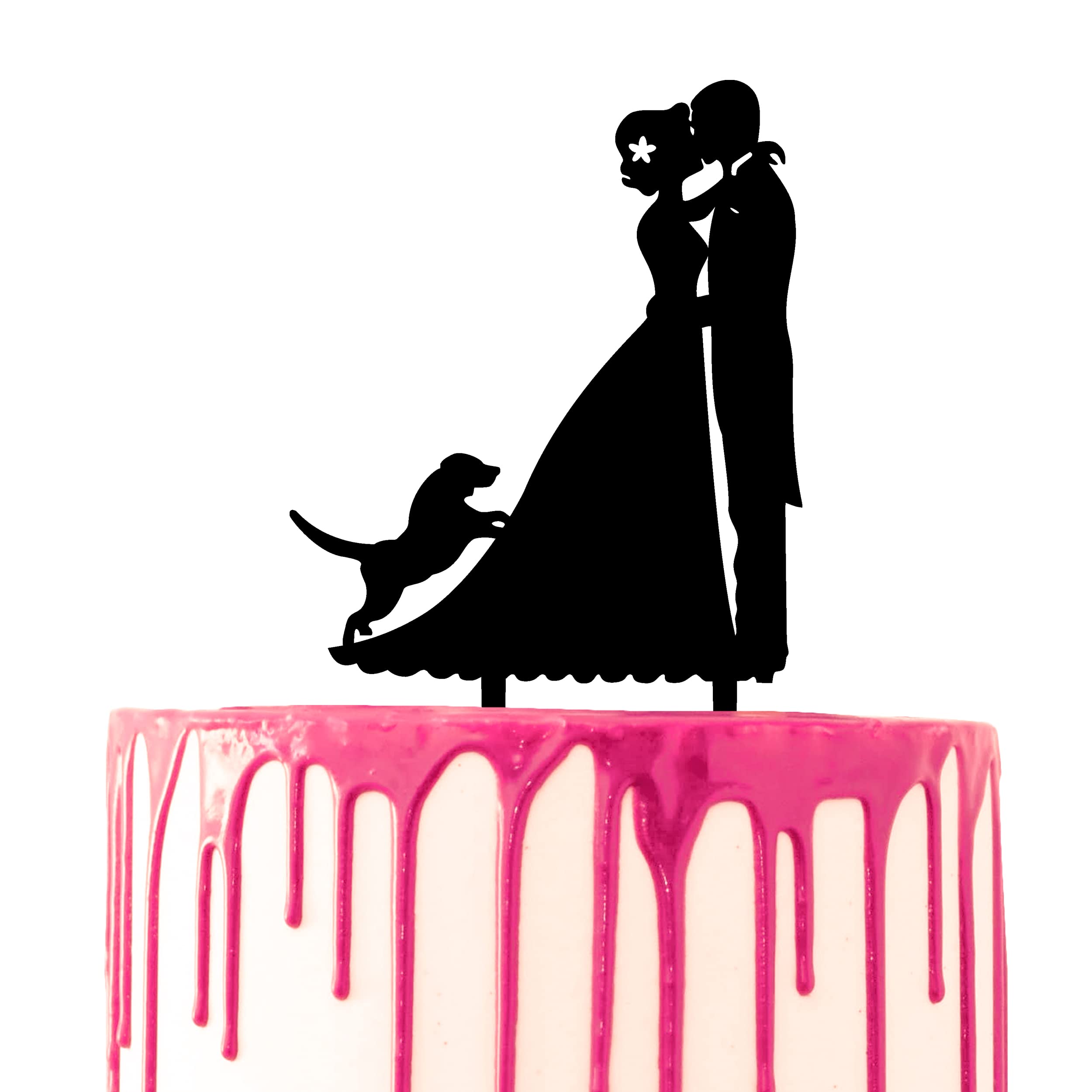CARISPIBET wedding cake decoration groom & bride kissing with a small dog by their side acryllic silhouette
