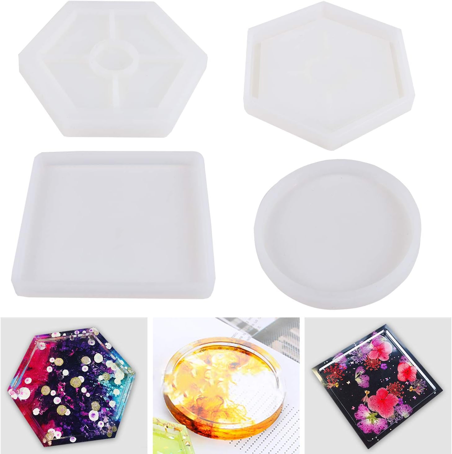 Aunifun 4 Pack Hexagon Coaster Silicone Stencils, DIY Round Stencils, Square Coaster Silicone Stencils, Bottom Bracket Prevents Deformation, Stencils for Casting with Resin, Concrete, Cement
