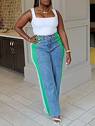 Angsuttc Wide Leg Denim Pants High Waist Patchwork