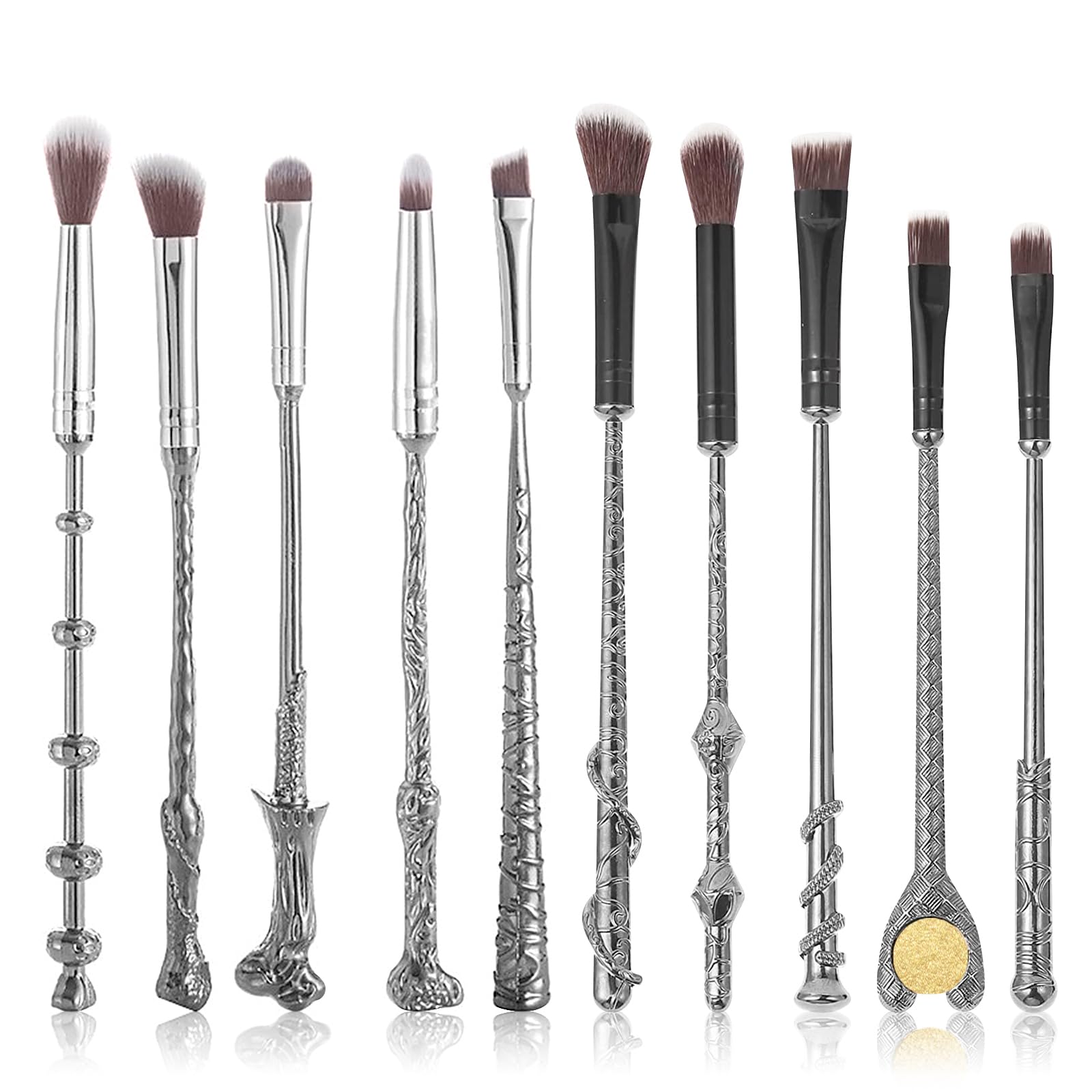 [10 PCS] Makeup Brush Set Metal, Silver Handle Wizard Wand for Foundation Blush, Eyeshadow, Face Concealer, Eyeliner Contour, Powder Liquid Eye, Anime Gift for Girls Women