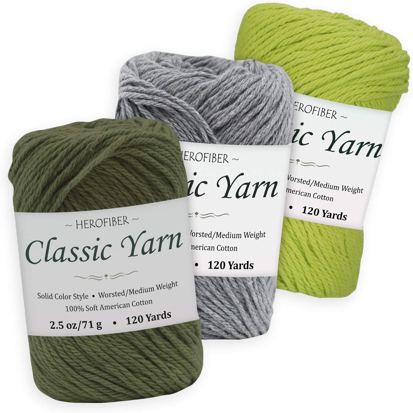 Cotton Yarn Assortment Khaki Green + Light Denim + Lime
