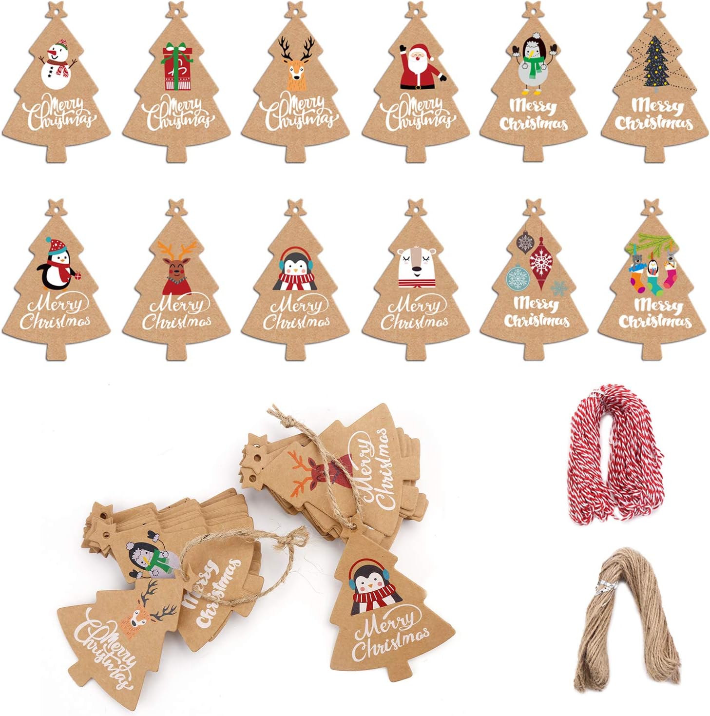 LOKIPA Christmas Tree Gift Tags,120 Pieces Xmas Kraft Paper Gift Label Parcel Present Hanging Tags with 230 Feet String Twine - Image 3