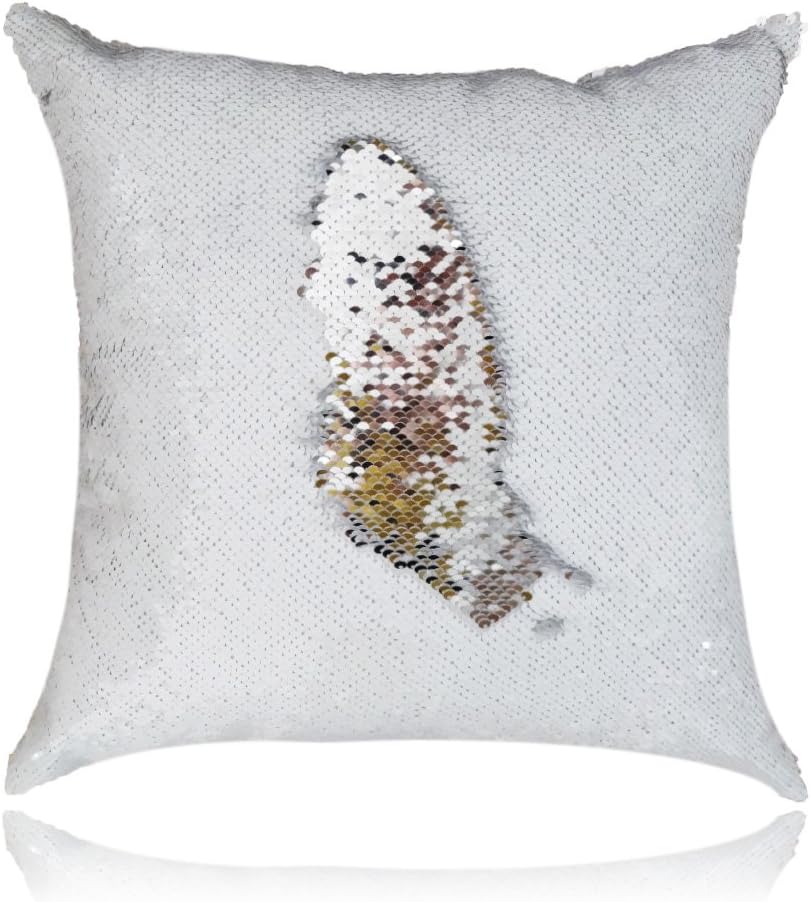 San Tungus 18 x 18 Inch Sparkly Mermaid Pillow Case,Reversible Sequins Mermaid Fish Scale Pillow Cover Cushion Cover,White and Silver