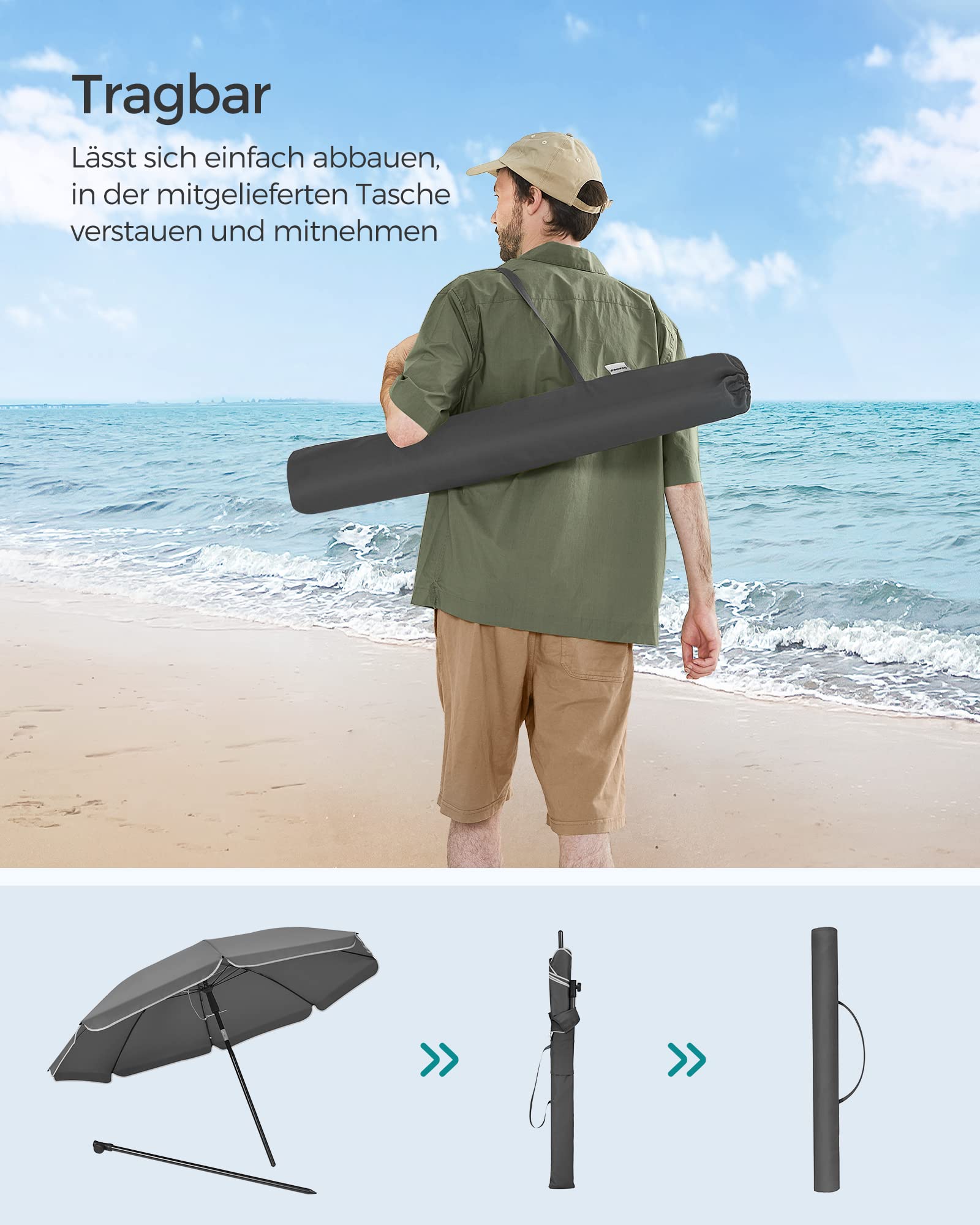 SONGMICS Sonnenschirm 160 cm, Sonnenschutz, UPF 50+, Strandschirm, beidseitig um 30° knickbar, höhenverstellbar, mit Tragetasche, für Balkon, Garten, Terrasse, Strand, ohne Ständer, grau GPU060G01 8