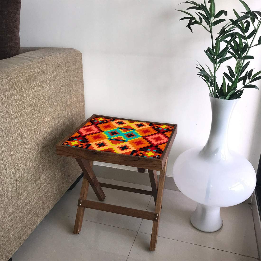 Nutcase Designer A Grade Teak Wood Compact Side Table 15" x 12" Folding Wooden Bedside Sidetable - Geometric Mexican Aztec Pattern