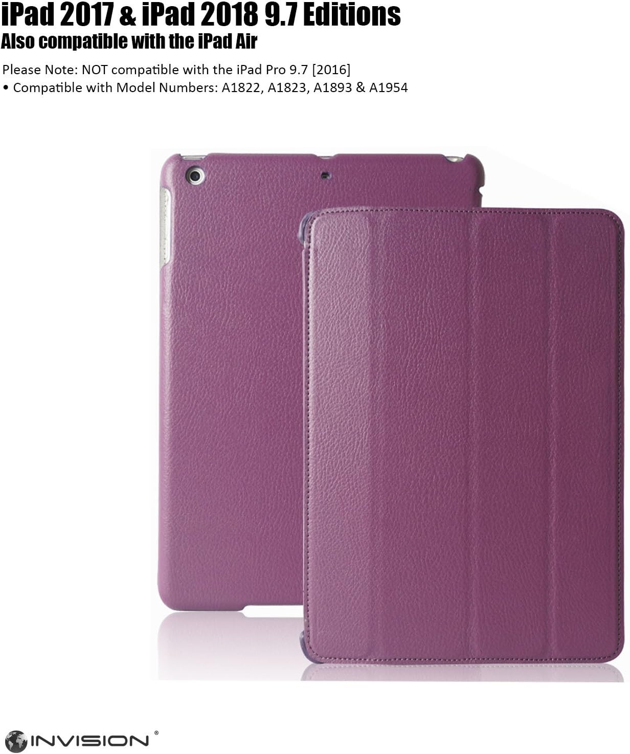 Invision iPad Case 9.7 inch 2018/2017 Protective Smart Cover with Triple-layer Protection & Reinforced Impact Zones – Quality PU Leather Finish & Microfibre Inner - Auto Sleep/Wake Function Purple