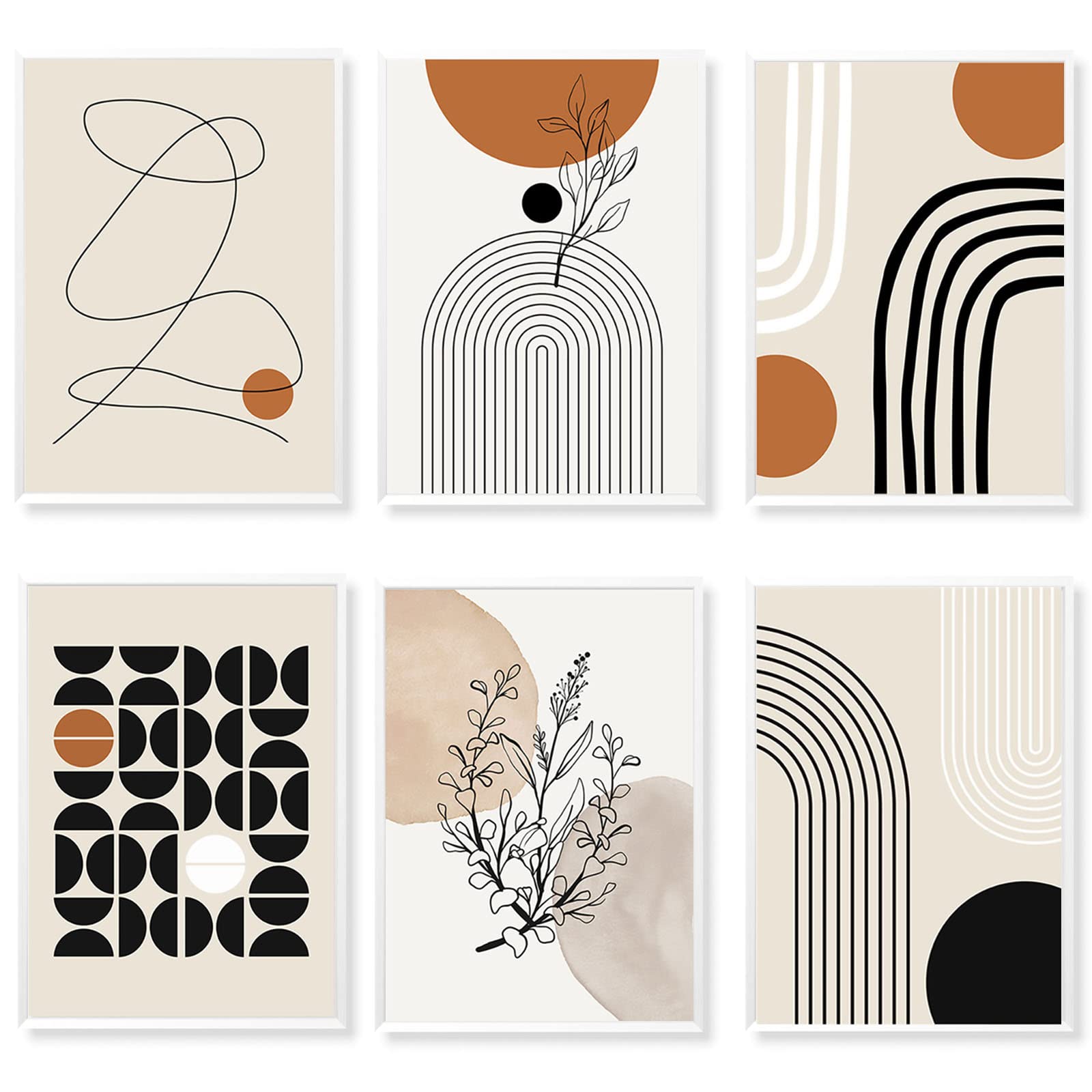 CANIPHA 6 Pcs Simplicity Boho Art Wall Decor, Abstract Boho Canvas Wall Art Geometric Wall, Line Leaf Wall Decor Exhibition Posters, Modern Paintings Pictures for Living Room Bedroom Gallery