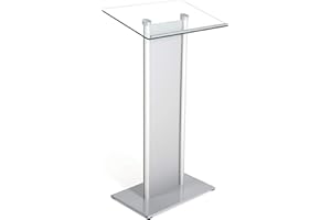 M&T Displays Tempered Clear Glass Conference Podium Stand with Aluminum Front Panel Silver Aluminum Body and Base 43.9 Inch Height Floor Standing Lectern Pulpit Desk for Classroom Church