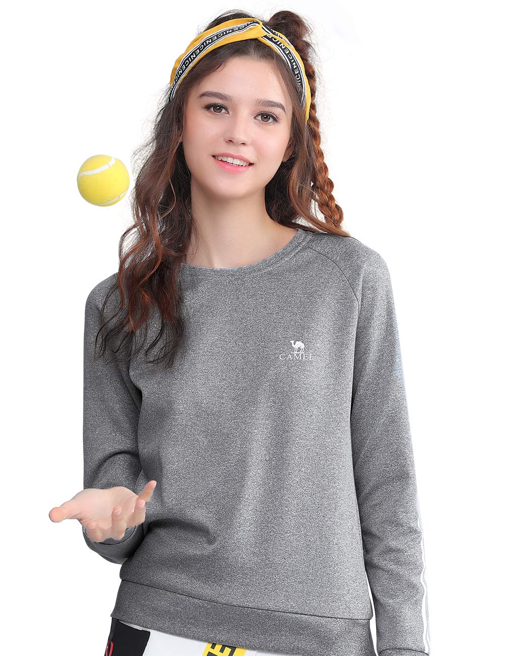 Camel Crewneck Sweatshirt for Women Casual Comfy Long Sleeve Loose Workout Tops(Grey L)