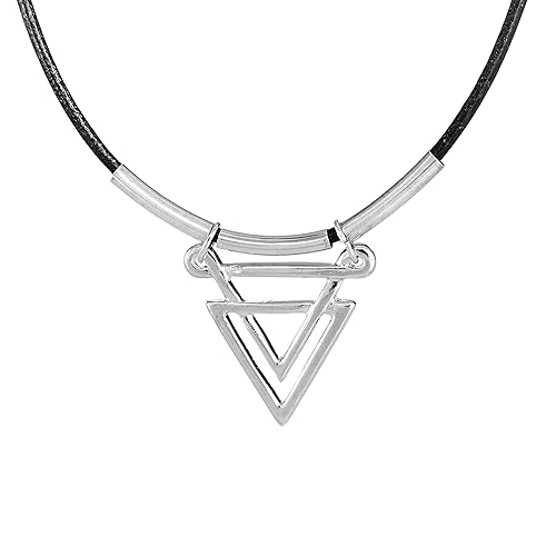 Men's Leather Necklace, Black Leather Choker and Silver Plated Triangle Pendant
