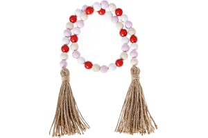 HMXPLS Valentine's Day Wood Bead Garland with Tassel, Farmhouse Beads with Jute Rope Tassel, Wooden Beads Garland for Valentines Tiered Tray Decorations Party Present Home Decor (Red & Pink & White, 35.4 In)