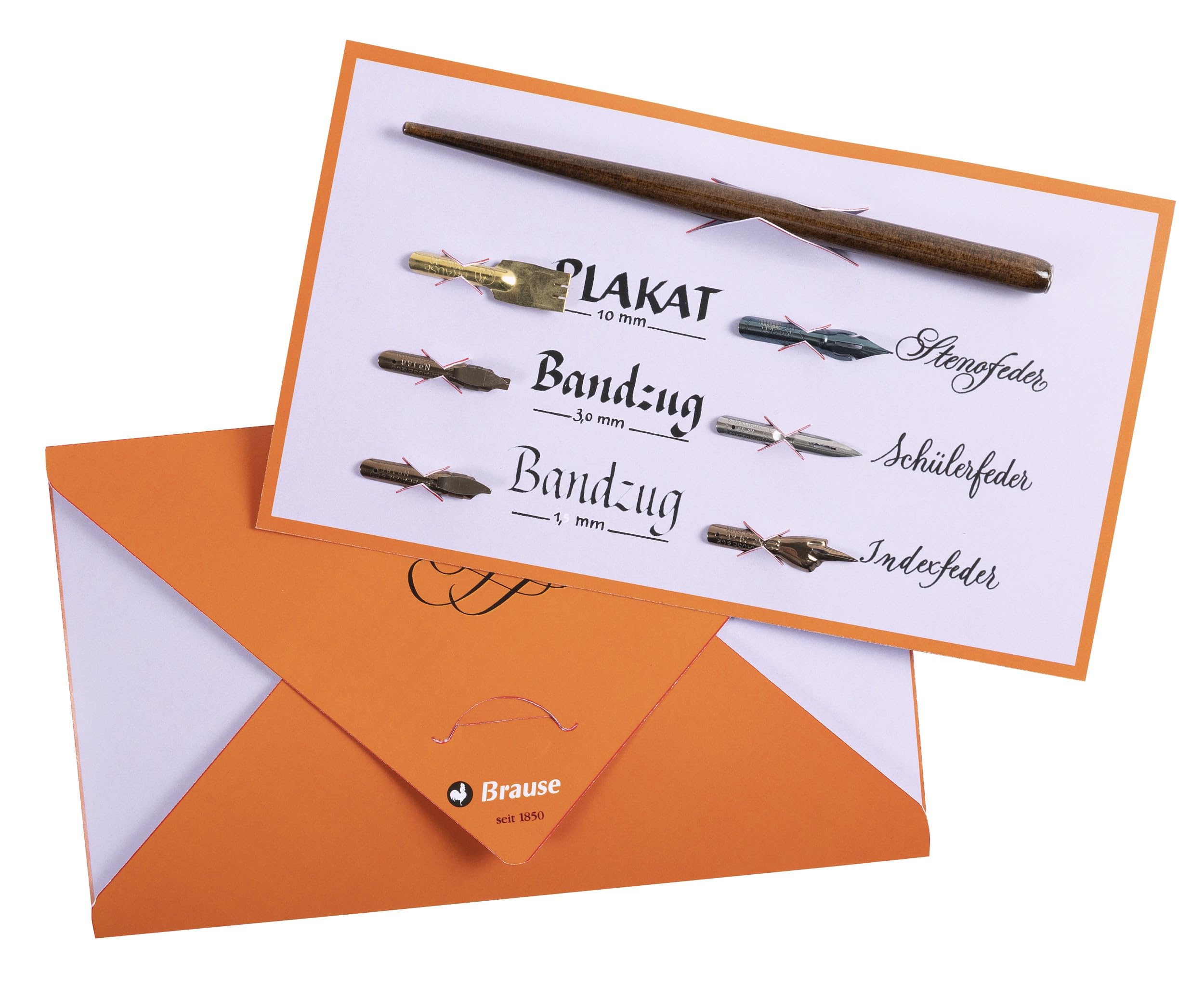 Brause 139B - A writing and calligraphy pouch containing 6 nibs (Sténo, Ecolière, Index, Plakat 10mm and Bandzug 1.5 mm, 3mm) wooden penholder - Made in France