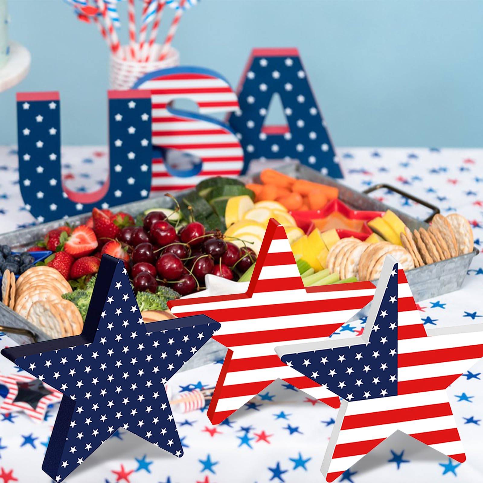 Photo 1 of 4th of July Patriotic Decorations 3Pcs Wooden Star Signs Red White and Blue Decorations Double Sided Freestanding Wood Star Blocks for Memorial Day Fourth of July Decorations