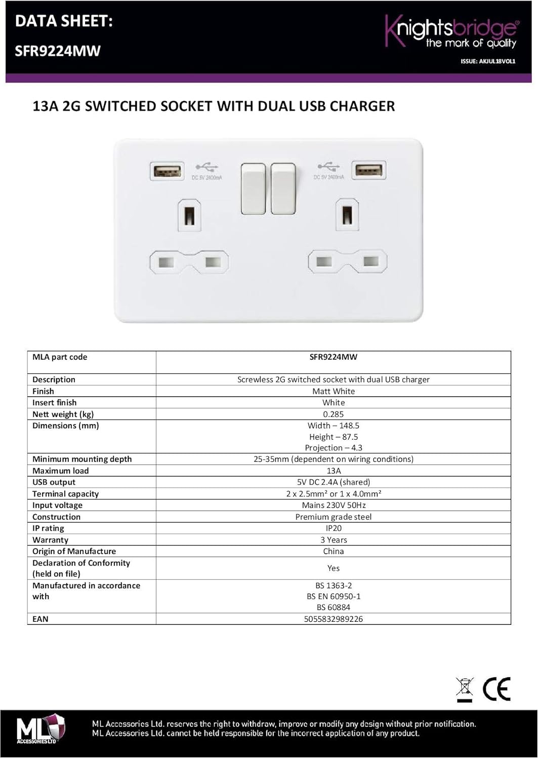 13A 2G switched socket with dual USB charger A + A (2.4A) - Matt white - Image 4