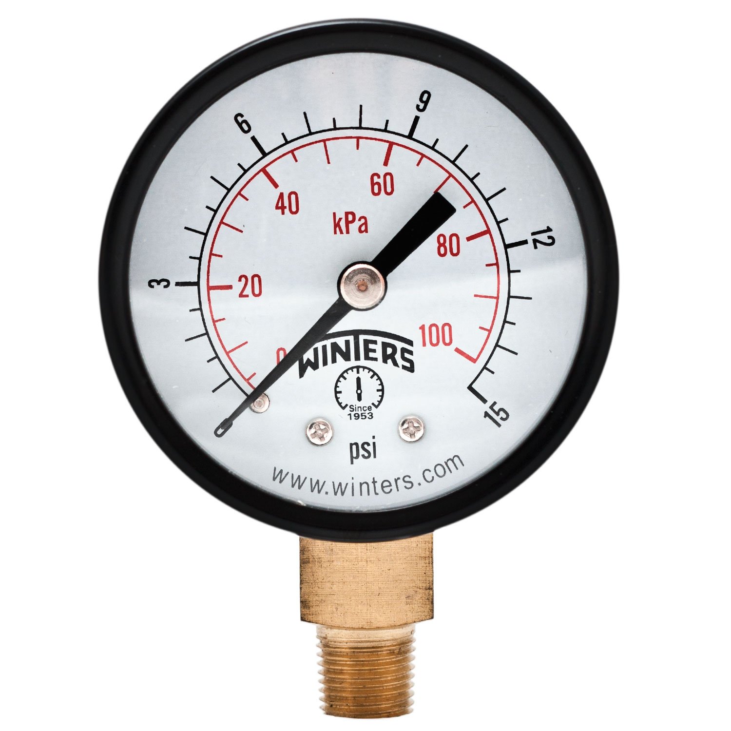 Winters PEM Series Steel Dual Scale Economical All Purpose Pressure Gauge with Brass Internals, 0-15 psi/kpa, 2" Dial Display, +/-3-2-3% Accuracy, 1/8" NPT Bottom Mount