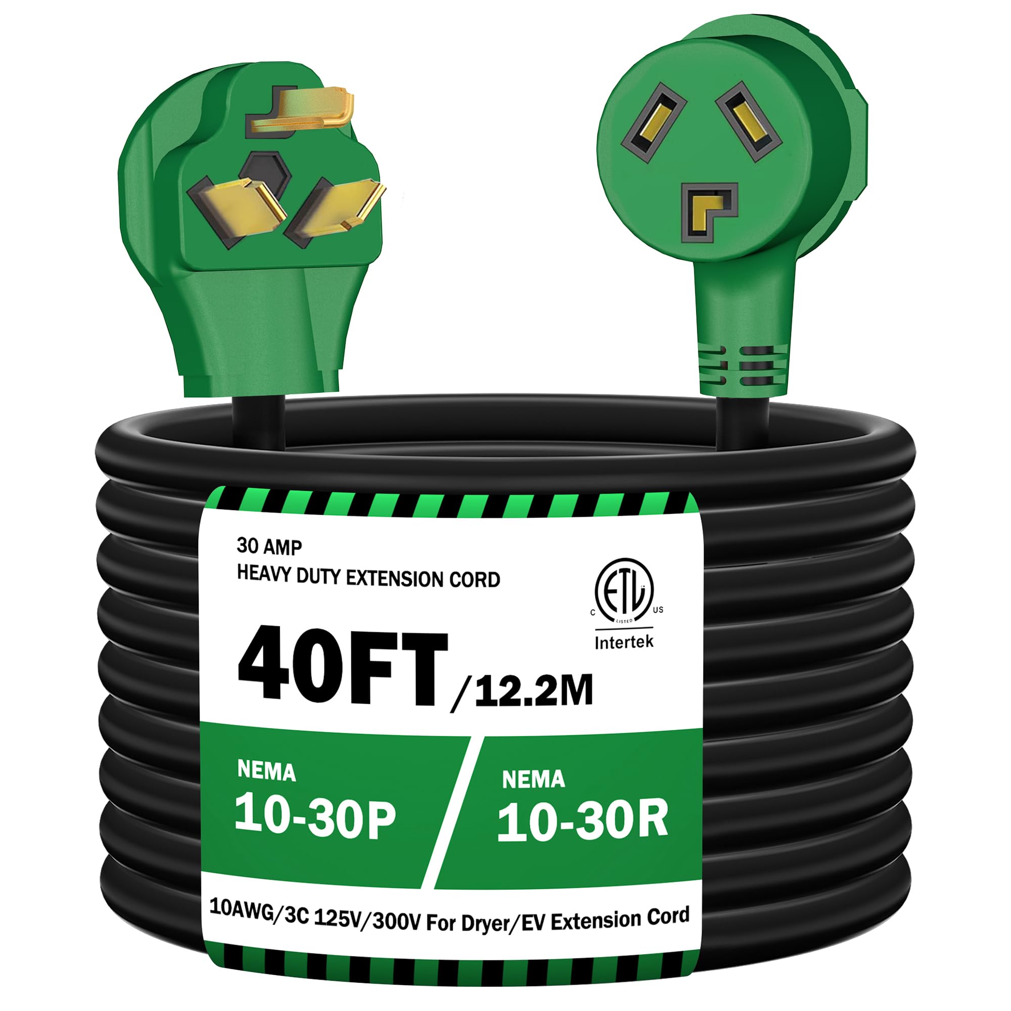Photo 1 of Strightinc 40FT 3 Prong Dryer 30A 10-30P to 10-30R / EV Extension Cord Level 2 EV Charging 125V/250V STW 10 Gauge Heavy Duty Extension Cord Green Plug