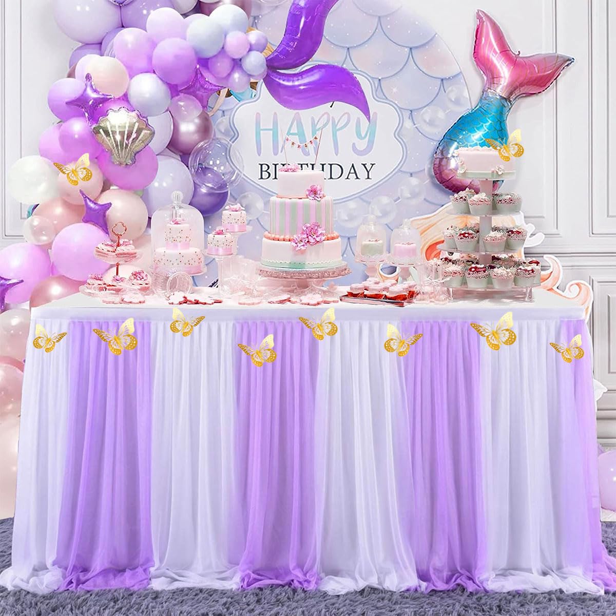 Photo 1 of Albassa Purple Tulle Table Skirts for Rectangle or Round Tables Tutu Table Cloth for Princess Baby Shower Birthday Party Decorations?9ft*H 30in, Purple)