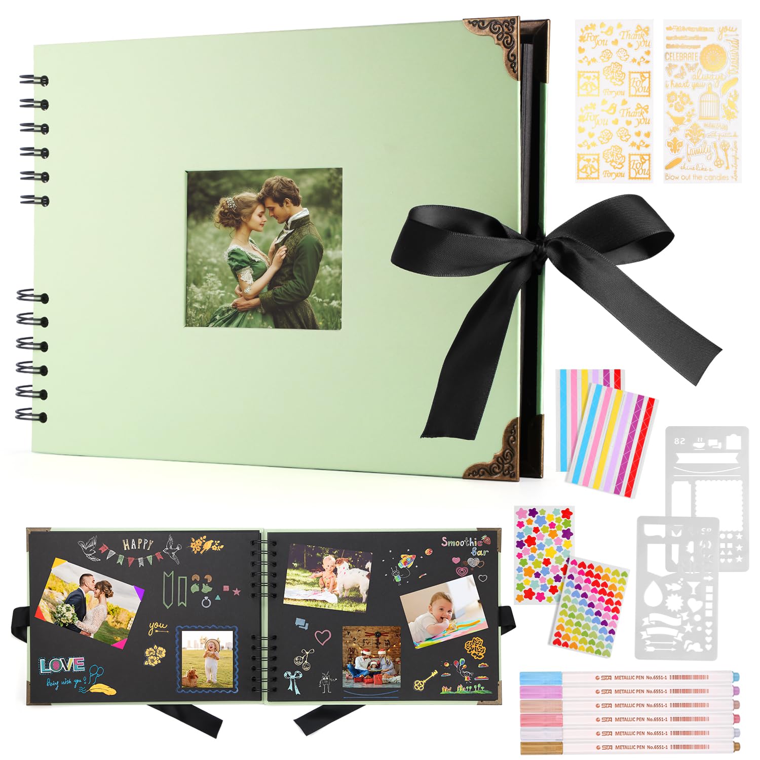 DazSpirit Photo Books, 29.5 X 21 CM Wedding Photo Albums, Photo Album with Writing Space, 80 Pages Scrapbook, for 240 Pictures, 6 Color Marker Pen, Personalised Photo Book for Anniversary (Green)