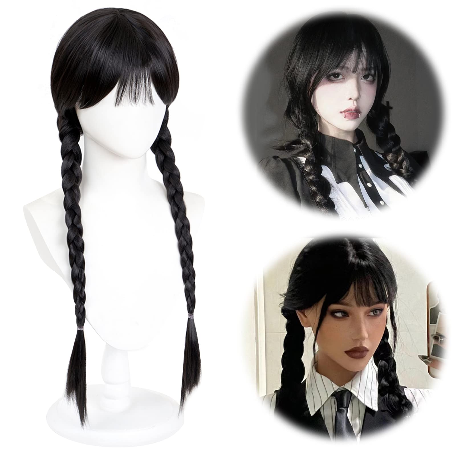 Halloween Double Braided Wig Black for Women Girls - Pony Braid Double Ponytail Wig - Gifts for Cosplay Party Decorations