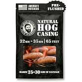 Bearded Butchers Natural Hog Sausage Casings 32-35mm, Edible Pre-Flushed | Stuffs 25-30 lbs, natural snap &amp; bite, resealable brine bag, for bratwurst, Italian sausage, kielbasa, chorizo, Polish