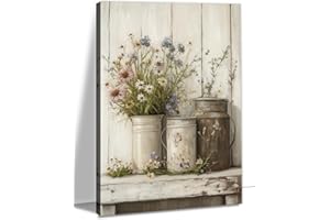 Rustic Farmhouse Wildflower Canvas Wall Art Neutral Country Floral Paintings Framed Artwork for Kitchen Living Room Decor(FLO