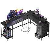 Korfile 59 inch L Shaped Computer Desk with Power Outlets, Black | Ideal for Home Office, Bedroom, Corner, 4 Adjustable Storage Drawers, 2 Monitor Stands, Reversible, Two Person Gaming Table