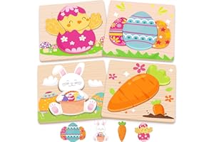 LACCHOUFEE Easter Toys Gifts for Kids Toddlers - 4 Pack Wooden Puzzles with Rabbits, Carrots, Chicks, Eggs Design, Easter Party Favors for Boys Girls, Kids Classroom Exchange Gifts - Educational Preschool Toys