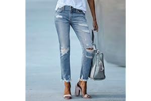 Women's Fashion Ripped Jeans Versatile Straight-Leg Slim-Fit Jeans