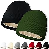 NPQQUAN 2 PCS Satin Lined Beanie for Women Silk Lined Beanies Winter Warm Soft Lining Cuffed Knit Beanie Hats for Women Black+Green