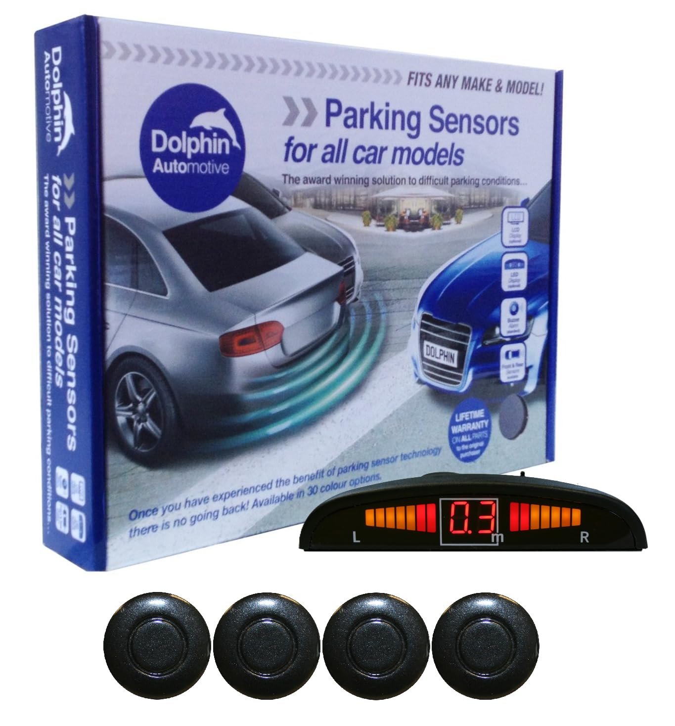Dolphin Automotive DPS450 Reverse Parking Sensors In 32 Colours 4 Ultrasonic Radar Sensors Kit Audio & Display Alert System - Coal Grey