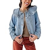 Kedera Women's Jean Jacket Cropped Denim Jacket Long Sleeve Peter Pan Collar Button Down Jean Shirt Crop Top