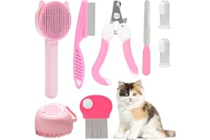 VCZONE 8 Pcs Cat Brush Grooming Kits, Pet Self Cleaning Kit with Pet Nail Clipper and File, Flea Comb, Pet Shampoo Bath Brush, Pet Shedding Brush, Silicone Toothbrush (Pink)