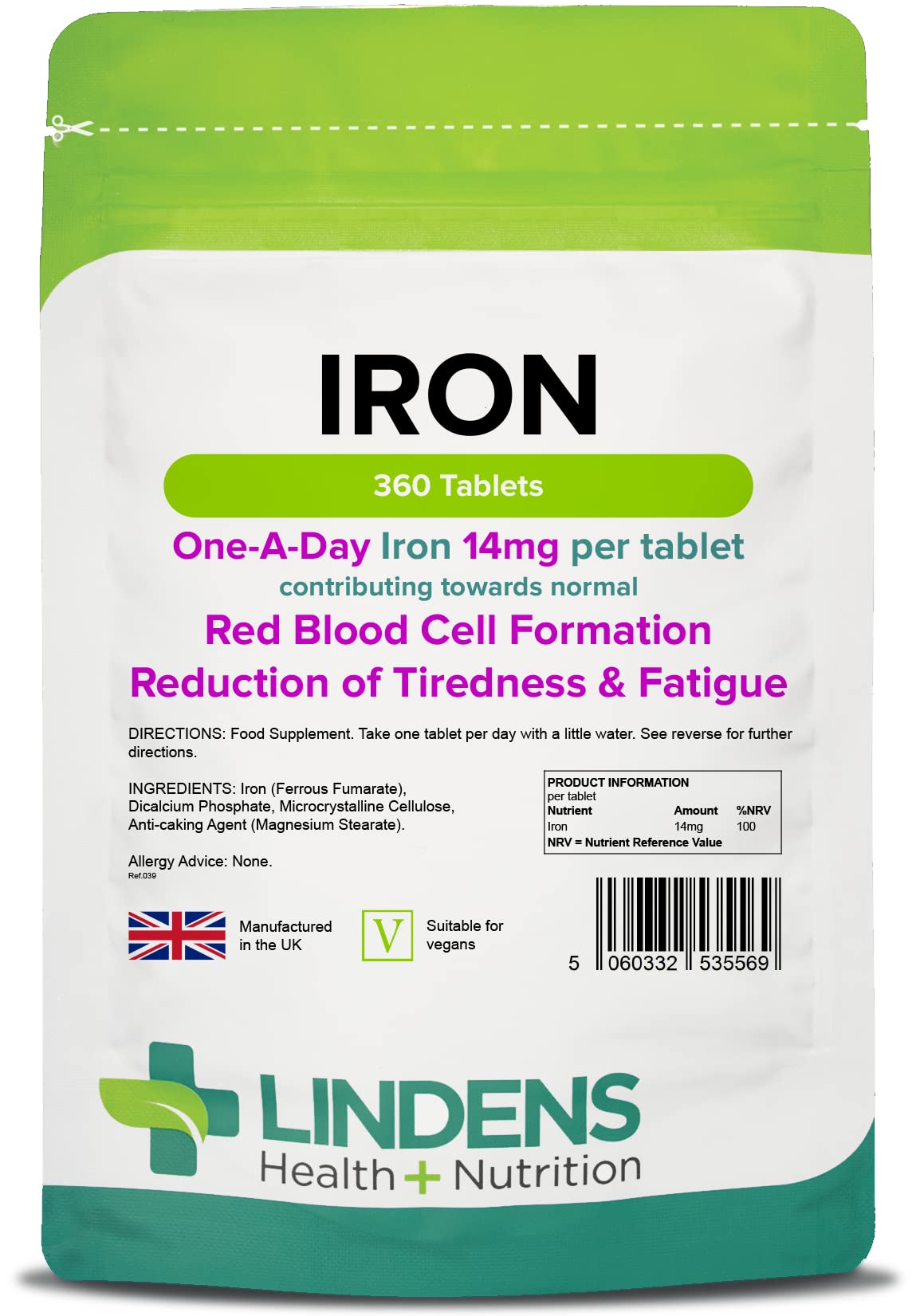 Lindens - Iron 14mg Tablets - 360 Vegan Tablets - UK Made - Reduce Tiredness, Increase Energy | Creates Healthy Red Blood Cells, Normal Oxygen Transportation | (12 Months Supply)