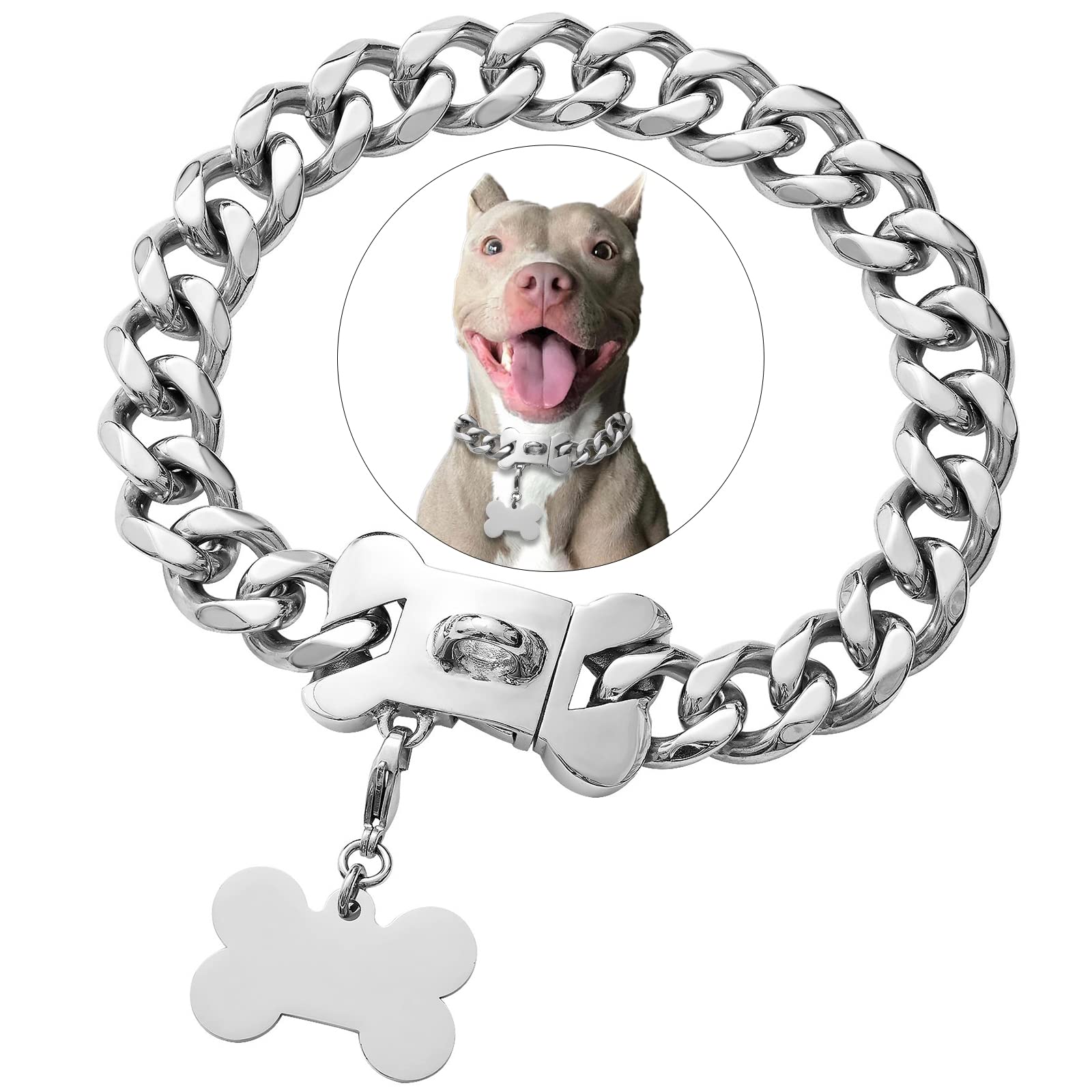 Photo 1 of Stainless Steel Cuban Silver Link Heavy Duty Necklace Dog Collar for Small Medium Large Dogs, American Bully French Bulldog Dog Collar with CZ Luxury Safety Personalized Dog Tag