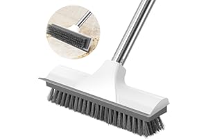 OMEGEPI Long Handle Floor Scrub Brush with Squeegee, 2 in 1 Deck Scrub Brush with Stiff Brush Bristles for Cleaning Bathroom, Deck, Garage, Patio