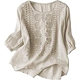Embroidered Cotton Linen Tops for Women 3/4 Sleeve Summer Boho Peasant Gauze Blouses Dressy Casual Bohemian Shirts