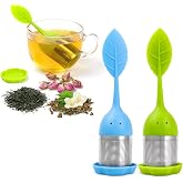 HQSLsund 2 Pack Leaf Silicone Tea Strainers for Tea Leaves- Green, Blue | Extra Fine Mesh Infusers with Silicone Lid for Loose Leaf/Herbal Tea