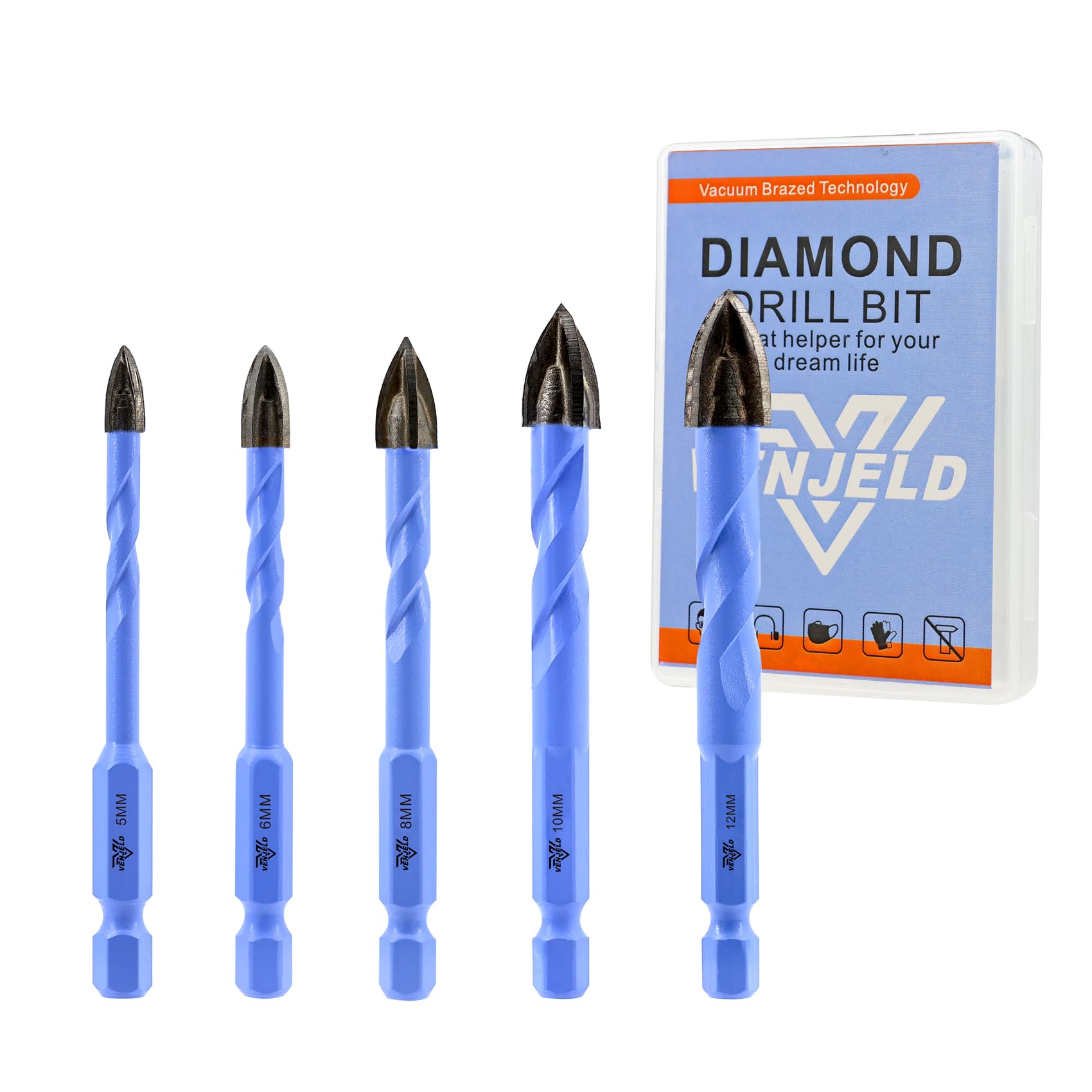 VENJELD Masonry Drill Bits Set - 5/6/8/10/12mm 5Pcs Carbide Drill Bit for Wood Plastic Masonry Ceramic Tile - Quick Change Hex Shank with Storage Case