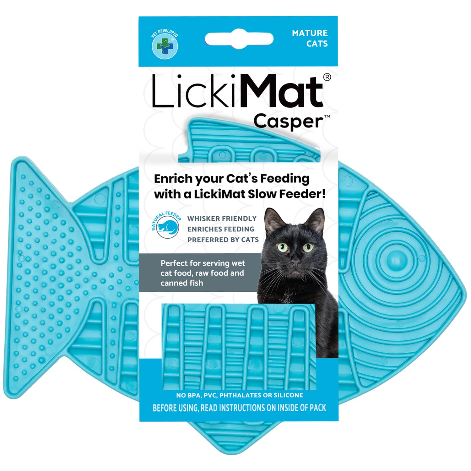 LICKIMAT Casper, Fish-Shaped Cat Slow Feeders for Feline Boredom and Anxiety Reduction; Perfect for Food, Treats and Anxiety Reduction, Turquoise