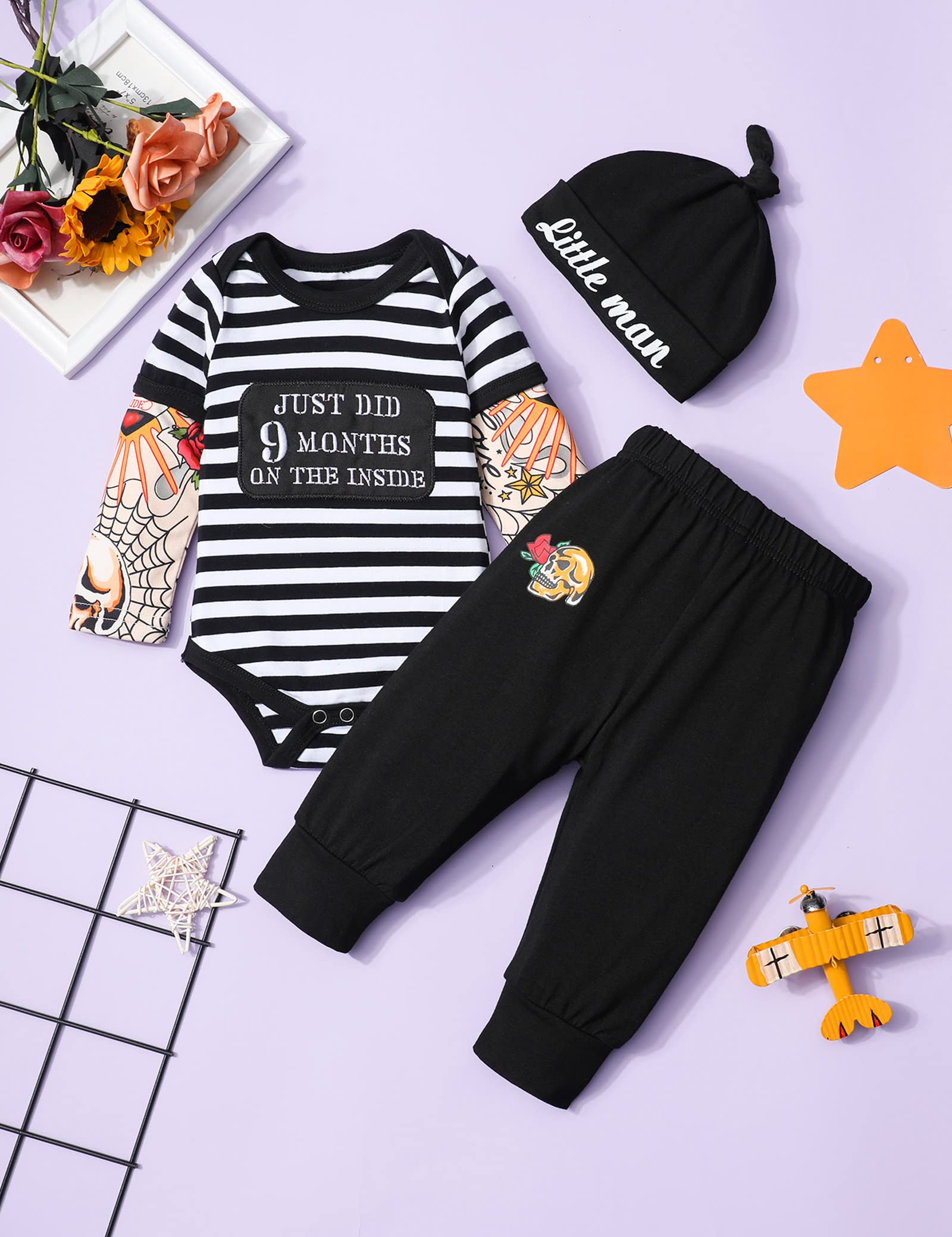 Fommy Baby Boy Clothes Tattoo Sleeve Funny Romper Bodysuit+Pants 3PCS Infant Outfits Set