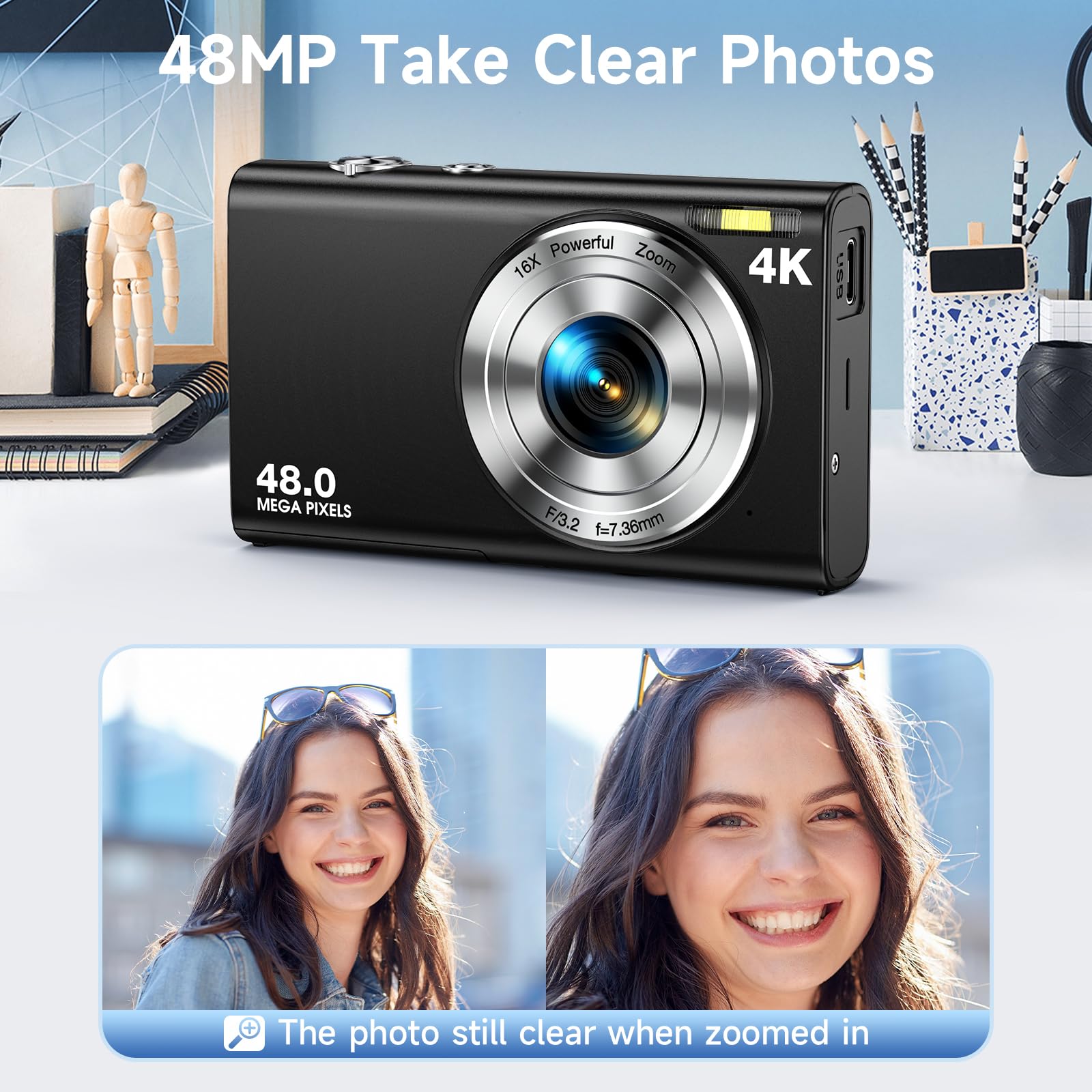 Digital Camera, Autofocus 48MP UHD 4K Vlogging Camera 16X Digital Zoom, Portable Compact Point and Shoot Digital Camera for Teens Adult Beginner with 32GB Card, 2 Batteries, Lanyard (Black)