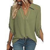 Dokotoo Womens Summer 2025 Dressy Casual Blouses V Neck 3/4 Sleeve Shirts Hollow Out Lace Collar Tunic Tops